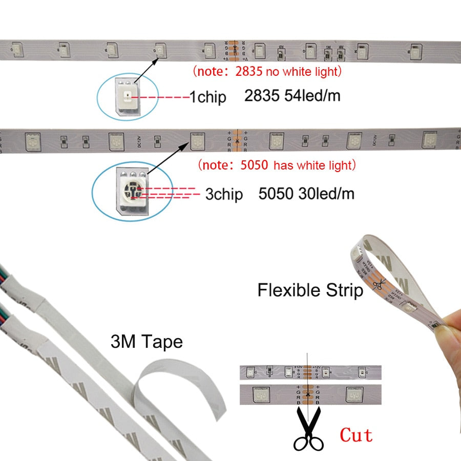 LED Strip Light RGB 5050 SMD 2835 Flexible Ribbon fita led light strip RGB 5M 10M 15M Tape Diode DC 12V+ Remote Control +Adapter